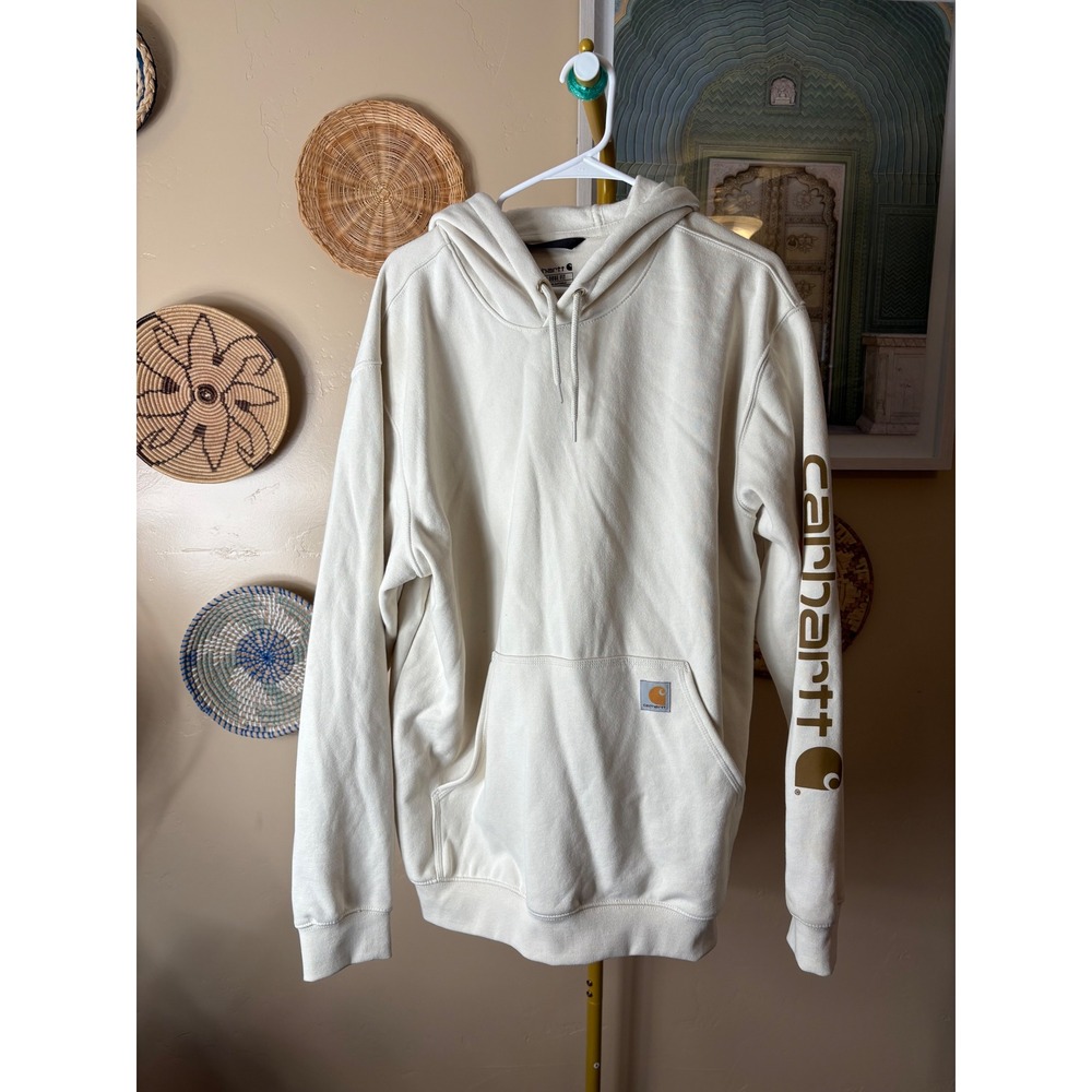 Carhartt Mens Loose Fit Midweight Sleeve Logo Hoodie Cream Off White Large NWT